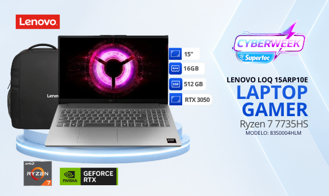 LAPTOP LENOVO LOQ 15ARP10E Ryzen7-7735HS/ 16GB/ SSD512GB/ RTX3050-6GB/ 15.6/ 83S0004HLM
